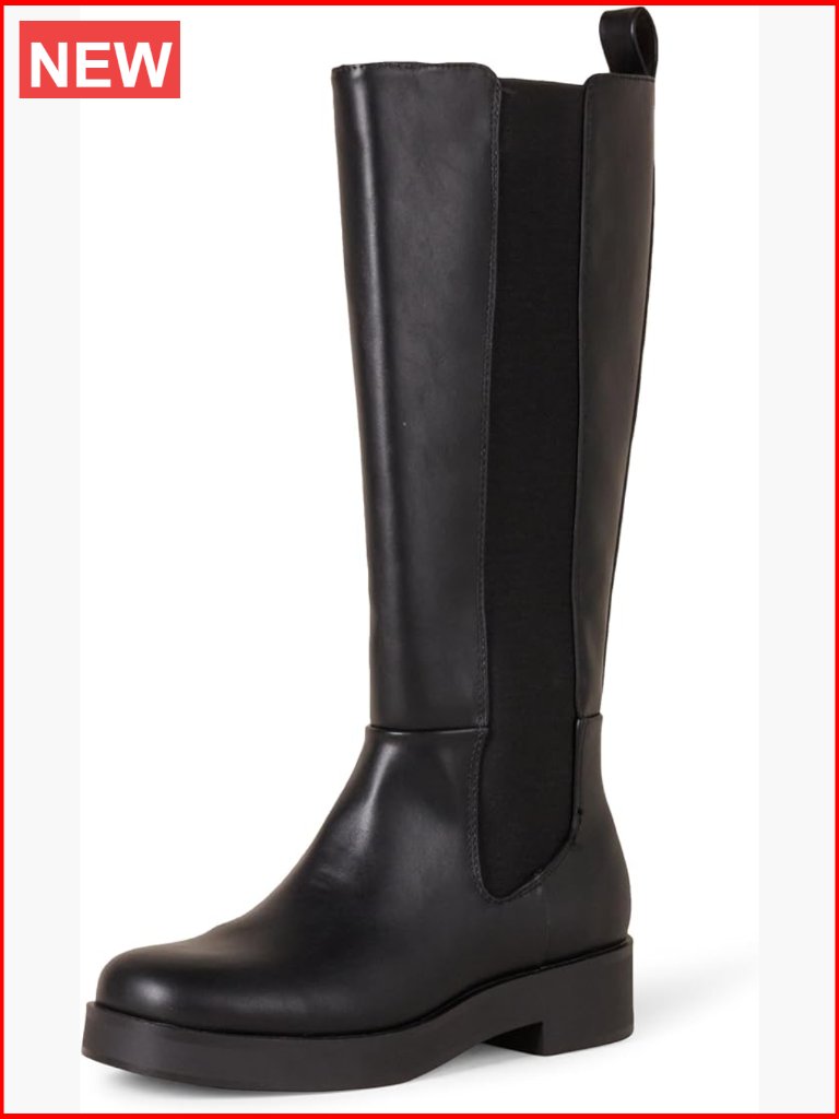 Tall Gusset Boots Chunky Heel Square Toe Faux Leather Knee High Zip Closure